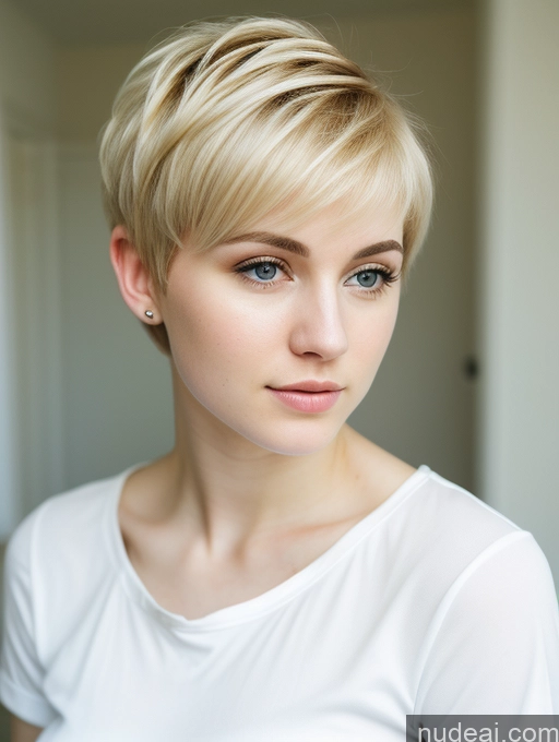 ai nude image of blond woman with short hair and piercings posing for a picture pics of Woman Beautiful Fairer Skin 18 Blonde Pixie Russian Close-up View Shirt