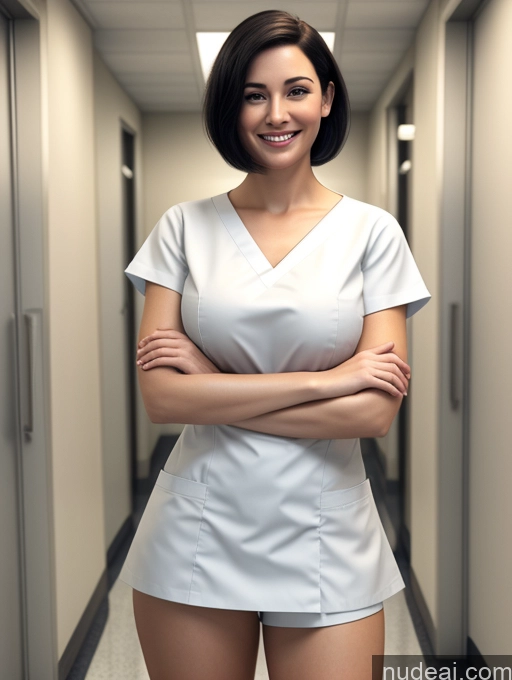 ai nude image of arafed woman in a white dress standing in a hallway pics of Perfect Body Fairer Skin Perfect Boobs 30s Happy Black Hair Short Hair German 3d Hospital Front View T-pose Nurse Woman One