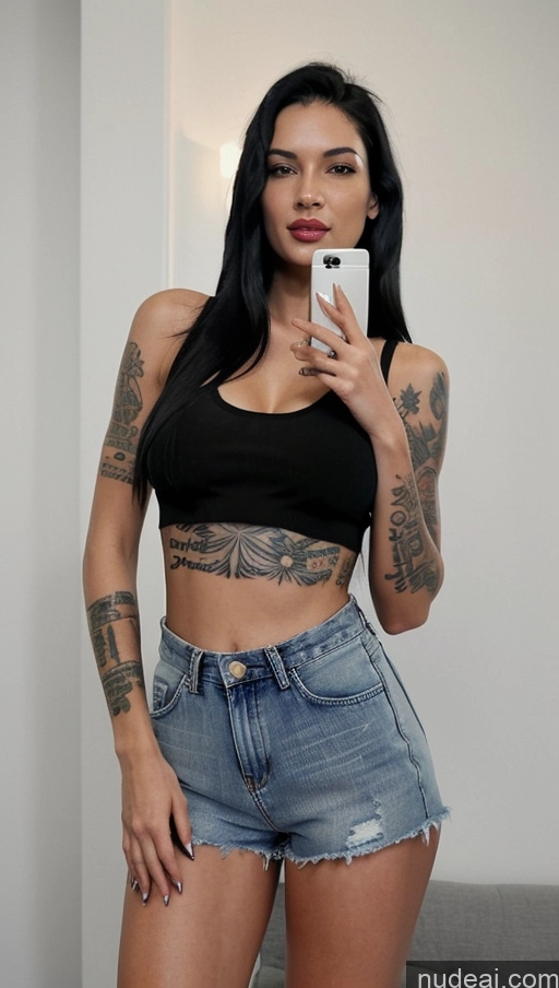 ai nude image of arafed woman with tattoos taking a selfie in a mirror pics of Woman One Perfect Boobs Tattoos Big Ass Long Legs Lipstick 20s Sexy Face Black Hair Long Hair Latina Crop Top Daisy Dukes