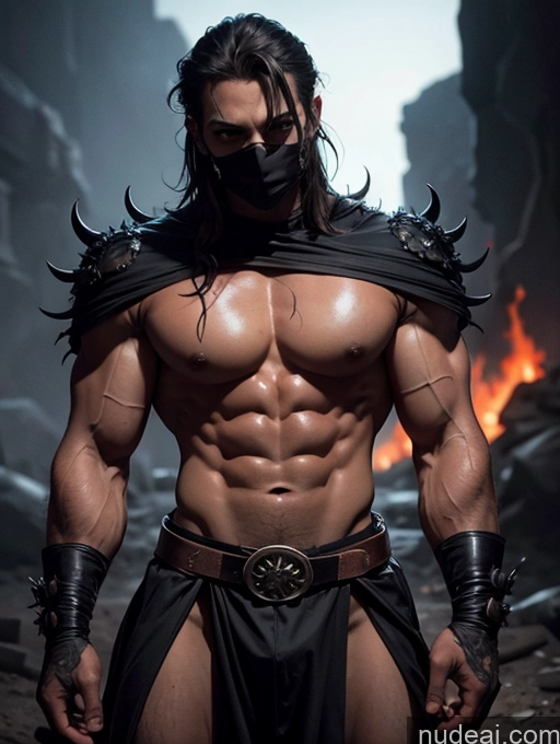 ai nude image of arafed male in a black leather outfit with a mask on pics of Busty Muscular Abs Serious Hell Devil Medieval Goth Bodybuilder Perfect Body Slicked Dark Skin Ninja Fantasy Style Jeff Easley Nigerian Legspread