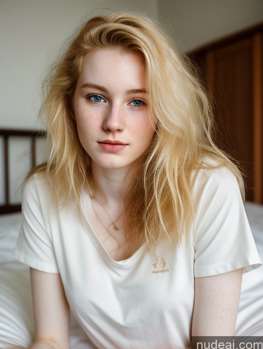 ai nude image of blond woman with blue eyes sitting on a bed in a white shirt pics of Woman Beautiful Fairer Skin 18 Blonde Russian Close-up View Shirt Messy