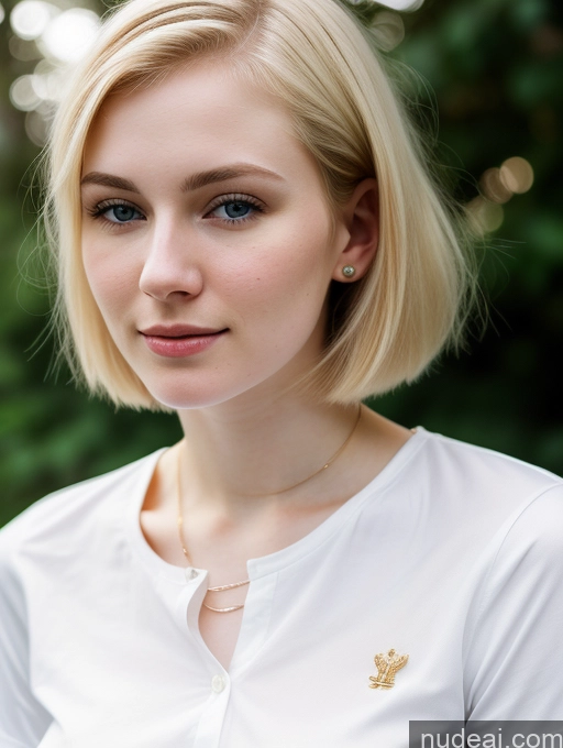 ai nude image of blond woman with blue eyes and a white shirt posing for a picture pics of Woman Beautiful Fairer Skin 18 Blonde Bobcut Russian Close-up View Shirt Detailed