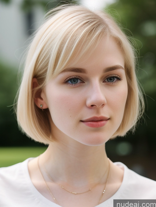 ai nude image of blond woman with blue eyes and a white shirt posing for a picture pics of Woman Beautiful Fairer Skin 18 Blonde Bobcut Russian Close-up View Shirt Detailed