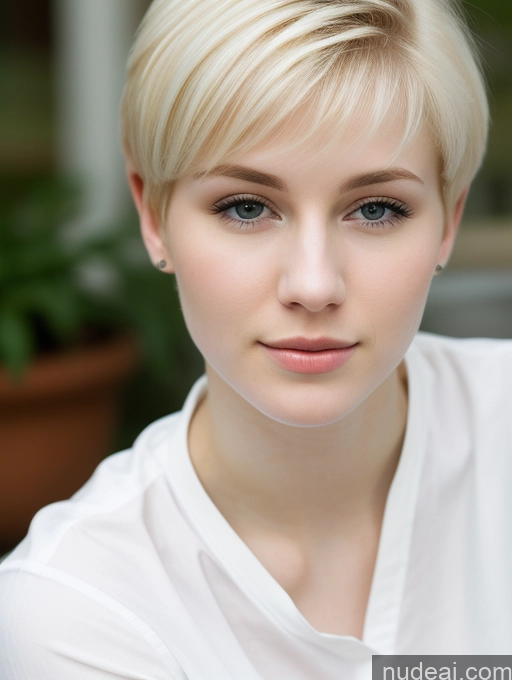 ai nude image of blond woman with short hair and blue eyes posing for a picture pics of Woman Beautiful Fairer Skin 18 Blonde Pixie Russian Close-up View Shirt Detailed