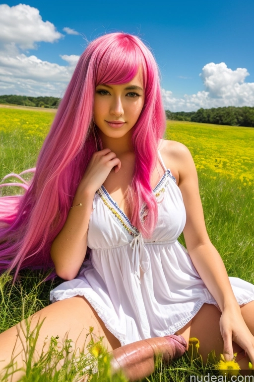 ai nude image of arafed woman with pink hair sitting in a field of flowers pics of One Trans Girl With Erect Penis Sorority 18 Long Hair White Meadow Detailed Big Ass Close-up View Cosplay Soft Anime Pink Hair Sundress