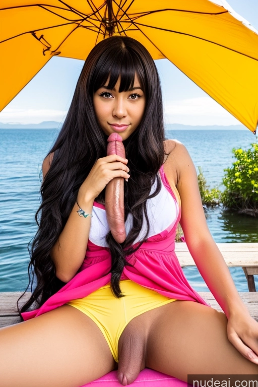 ai nude image of arafed asian woman in yellow and pink swimsuit sitting on a dock with an umbrella pics of One Trans Girl With Erect Penis Sorority 18 Long Hair White Detailed Big Ass Close-up View Cosplay Soft Anime Sundress Lake Black Hair