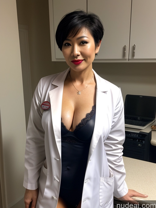 related ai porn images free for Milf Perfect Boobs Lipstick Pixie Dark Lighting Asian Doctor Lab Coat Partially Nude Bra Cleavage