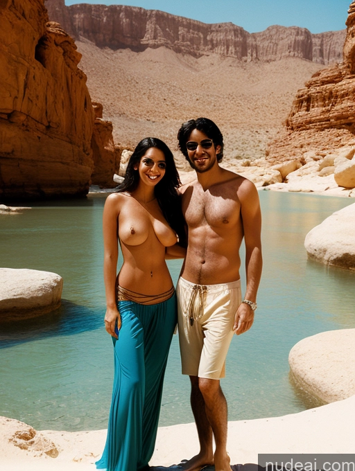 related ai porn images free for Perfect Body Happy Film Photo Front View Topless Black Hair Two Woman + Man Long Legs 30s Pigtails Harem Pants Oasis Arabic