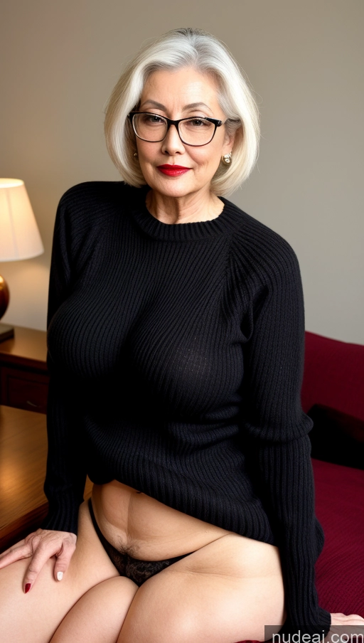 ai nude image of blond woman in glasses sitting on a bed with a red couch pics of Milf One Busty Big Ass Big Hips Pubic Hair Fairer Skin Glasses Lipstick 60s Asian Sweater Black Hair