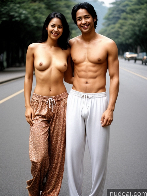 related ai porn images free for Perfect Body Happy Film Photo Front View Topless Black Hair Two Woman + Man 30s Harem Pants Street Straight Indonesian