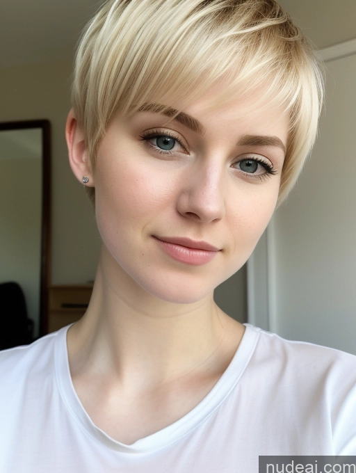 ai nude image of blond woman with short hair and blue eyes looking at camera pics of Woman Beautiful Fairer Skin 18 Blonde Pixie Russian Close-up View Shirt