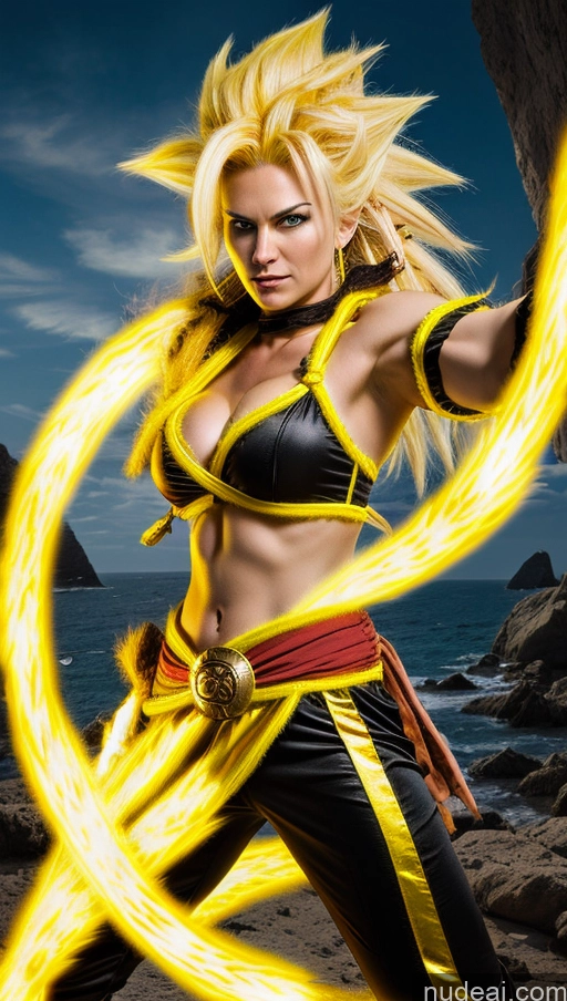 ai nude image of blond woman in black and yellow outfit holding a yellow fire ring pics of Pirate Super Saiyan 3 Neon Lights Clothes: Yellow Powering Up