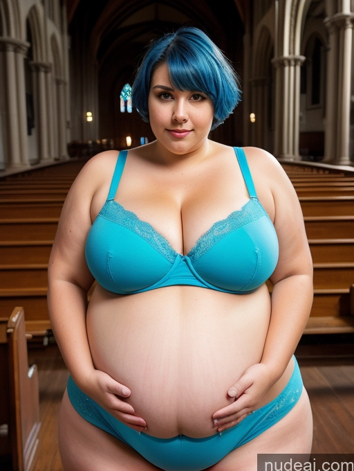 ai nude image of pregnant woman in blue lingerie posing in church with blue hair pics of Huge Boobs Fat Short Pregnant 18 Blue Hair Front View Cleavage Sexy Face On Back Short Hair Church Stockings