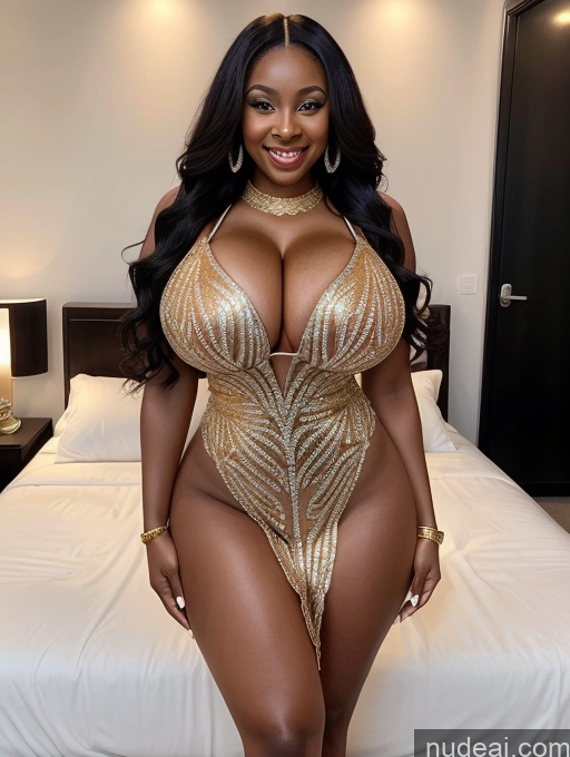 ai nude image of araffe woman in a gold bodysuit posing on a bed pics of One Busty Huge Boobs Perfect Boobs Beautiful Long Hair 30s Happy Laughing Ginger African Close-up View Cleavage Diamond Jewelry Gold Jewelry Jewelry Pearl Jewelry See-Through Dress