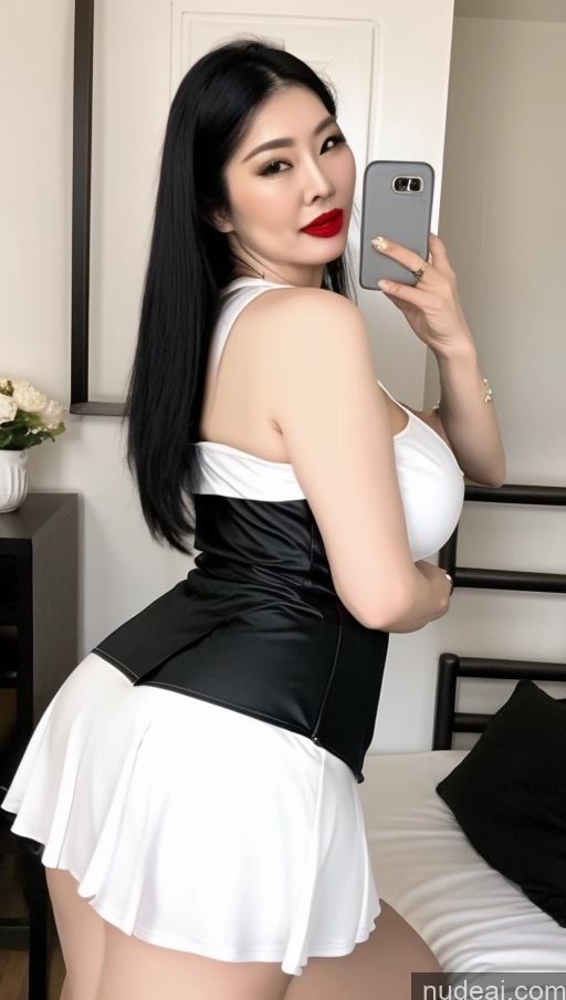 ai nude image of there is a woman taking a picture of herself in a white and black outfit pics of Milf One Busty Big Ass Big Hips Pubic Hair Fairer Skin 60s Asian Black Hair Lipstick JK Lure Dress V3