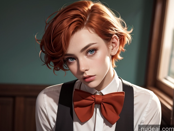 ai nude image of redhead haired woman with bow tie looking at camera in front of window pics of Skinny 18 Ginger Pixie Double-fold Eyelids Adjuster One Bow Tie High Socks