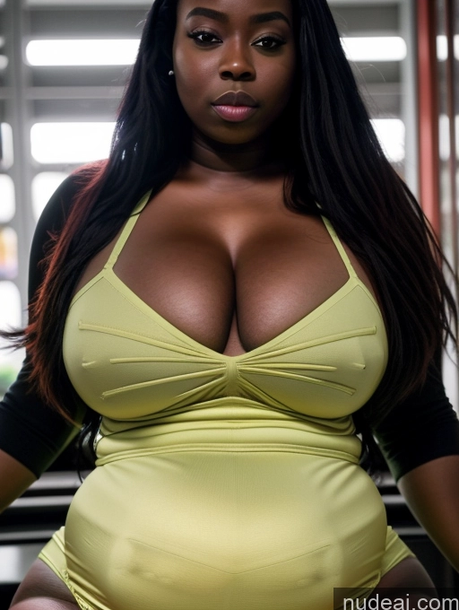 ai nude image of araffe woman in a yellow dress posing for a picture pics of Big Ass Fat Thick Big Hips Pregnant 18 Dark_Fantasy_Style Cleavage Detailed Huge Boobs Spandex Guided Breast Grab Dark Skin