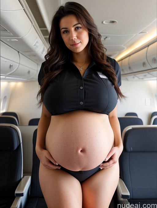 ai nude image of pregnant woman in black shirt and panties on airplane with empty seats pics of Huge Boobs Busty Big Ass Pregnant 18 Messy Black Hair Dark_Fantasy_Style POV Belly Grab Flight Attendant