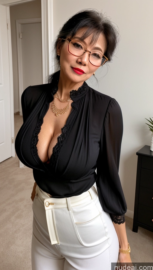 Milf One Busty Big Ass Big Hips Pubic Hair Fairer Skin 60s Asian Black Hair Lipstick Glasses Proper Attire EdgCT Wearing EdgCT Chic Top