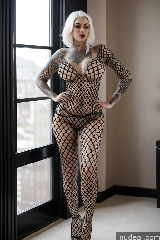 ai nude image of there is a woman in a fishnet bodysuit posing for a picture pics of Lingerie Model Perfect Boobs Big Ass Big Hips Skinny Short Tattoos Goth 30s White Hair Topless Fishnet Heels