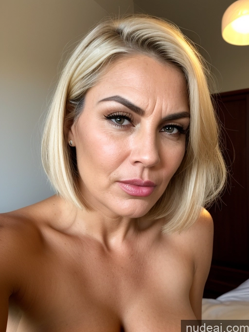 ai nude image of blond woman with big tits posing on bed with a big breast pics of Milf Busty Thick Tall Pubic Hair Tanned Skin 40s Sad Serious Laughing Seductive Pouting Lips Shocked Angry Blonde Bobcut White Sexy Face Bedroom On Back