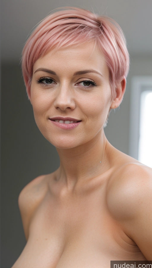 Woman Small Tits German Nude Undressing Short Hair 30s Pink Hair Biting Lip Close-up View