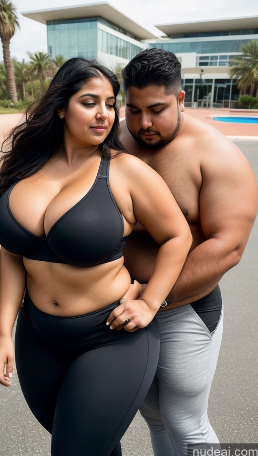 related ai porn images free for Woman + Man Huge Boobs Beautiful Big Ass Thick Big Hips Perfect Body Tanned Skin 30s Sexy Face Black Hair Indian Surrealist Front View Sports Bra Yoga Pants Cleavage Detailed Fat Gym