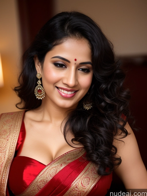 ai nude image of smiling woman in red sari with gold jewelry and earrings pics of Perfect Boobs Beautiful Perfect Body 20s Happy Orgasm Seductive Curly Hair Black Hair Indian Sari Cleavage Dark Lighting High Heels Fairer Skin