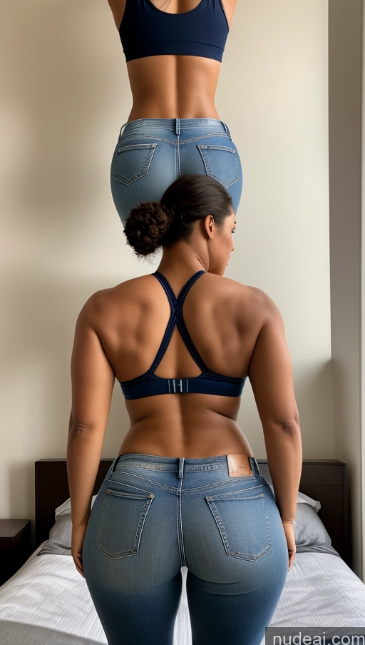 ai nude image of two women in jeans are standing on a bed with their backs turned pics of Athlete Big Ass Big Hips Bedroom Jeans Back View