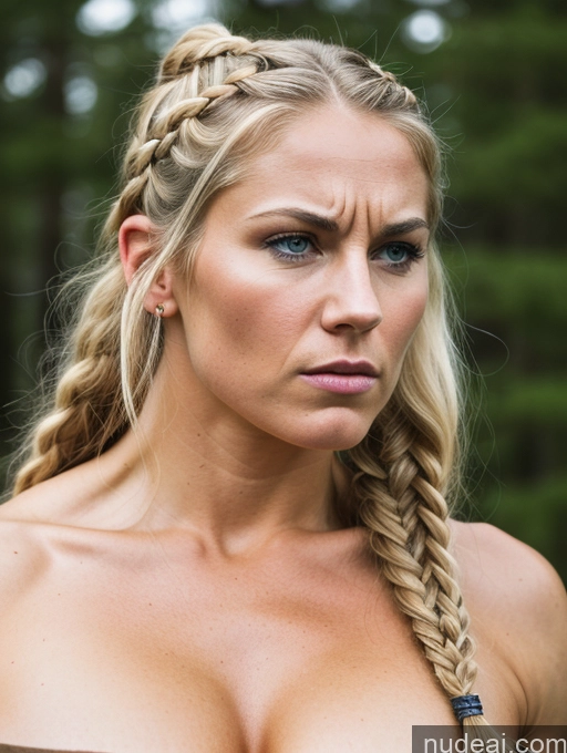 ai nude image of blond woman with braid hair and blue eyes looking at camera pics of Bodybuilder Huge Boobs Muscular Big Ass Abs Big Hips 30s Angry Blonde Braided Scandinavian Viking