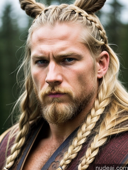 ai nude image of arafed man with long hair and a goatee in a braid pics of Bodybuilder Huge Boobs Muscular Big Ass Abs Big Hips 30s Angry Blonde Braided Scandinavian Viking Close-up View