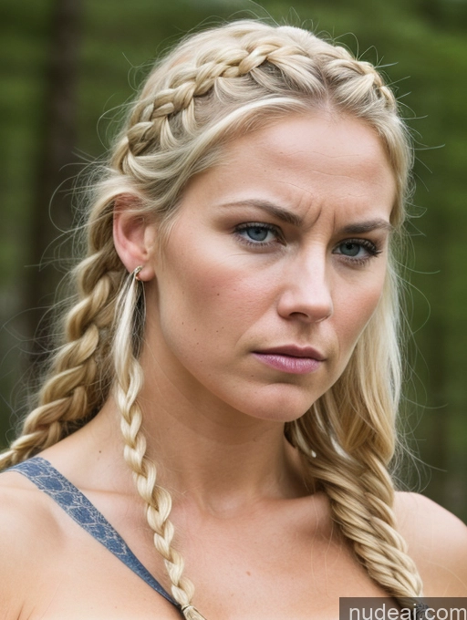 ai nude image of blond woman with braid hair and blue top looking at camera pics of Huge Boobs Muscular Big Ass Abs Big Hips 30s Angry Blonde Braided Scandinavian Viking Close-up View Woman