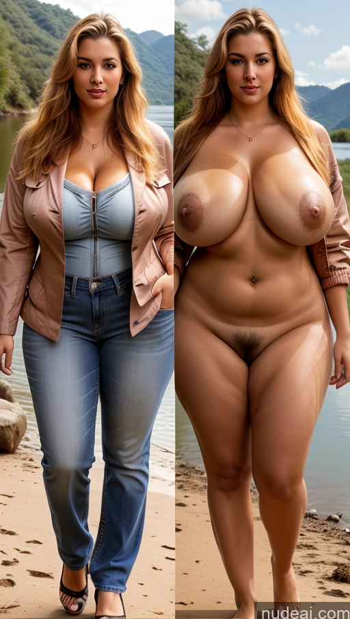 ai nude image of two women with big breasts walking on a beach next to a body of water pics of Busty Pubic Hair Tall Hairy Women Seductive Ginger Brazilian Lake Dynamic View Jeans Jacket Western Cleavage Bright Lighting Onoff