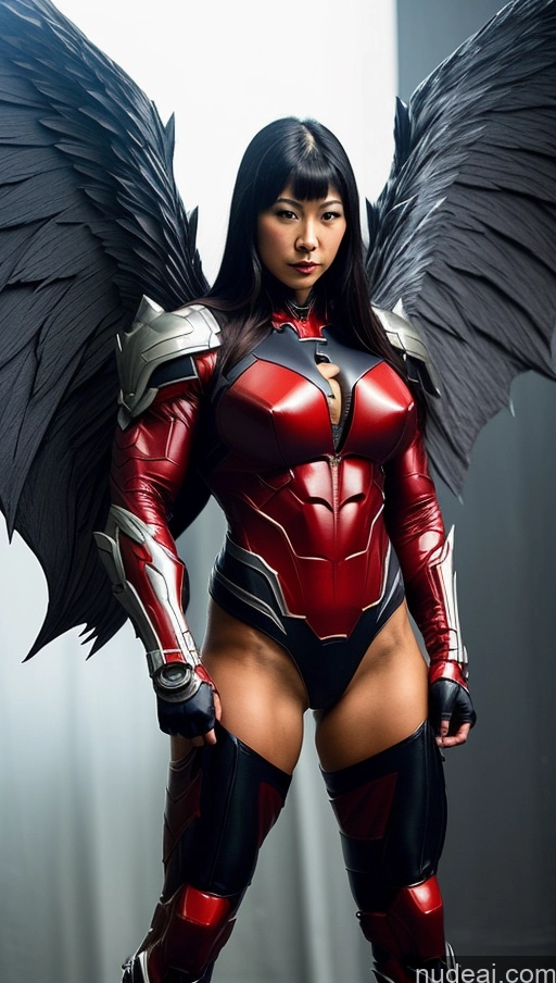 ai nude image of arafed woman in a red and black costume with wings pics of Vampire Mech Suit Superhero Abs Bodybuilder Muscular Busty Japanese Angel