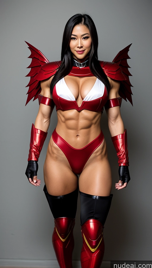 ai nude image of arafed woman in a red and white costume posing for a picture pics of Vampire Mech Suit Superhero Abs Bodybuilder Muscular Busty Japanese Angel Cosplay