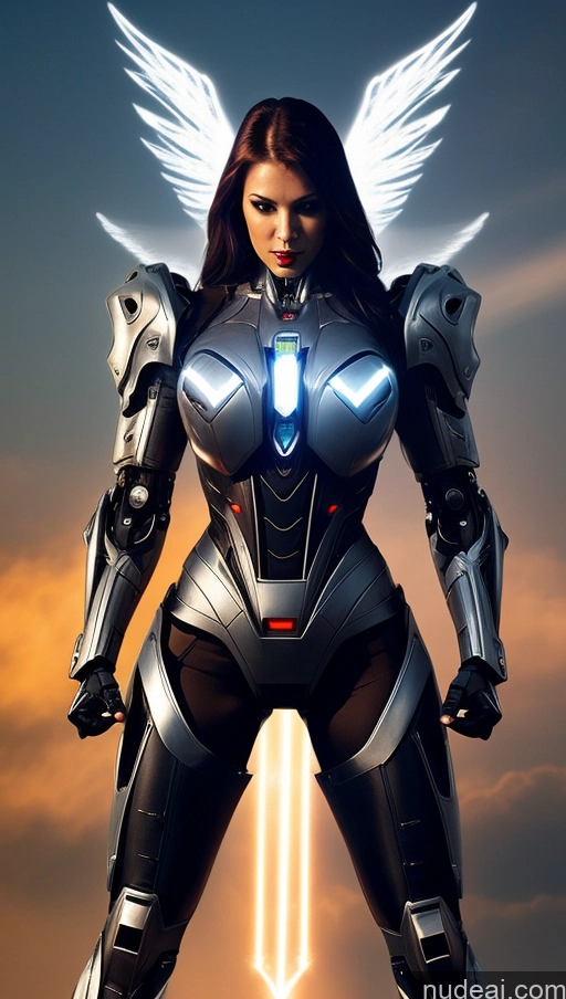 ai nude image of a close up of a woman in a futuristic suit with wings pics of Vampire Abs Muscular Busty Cyborg Mech Suit Powering Up Angel