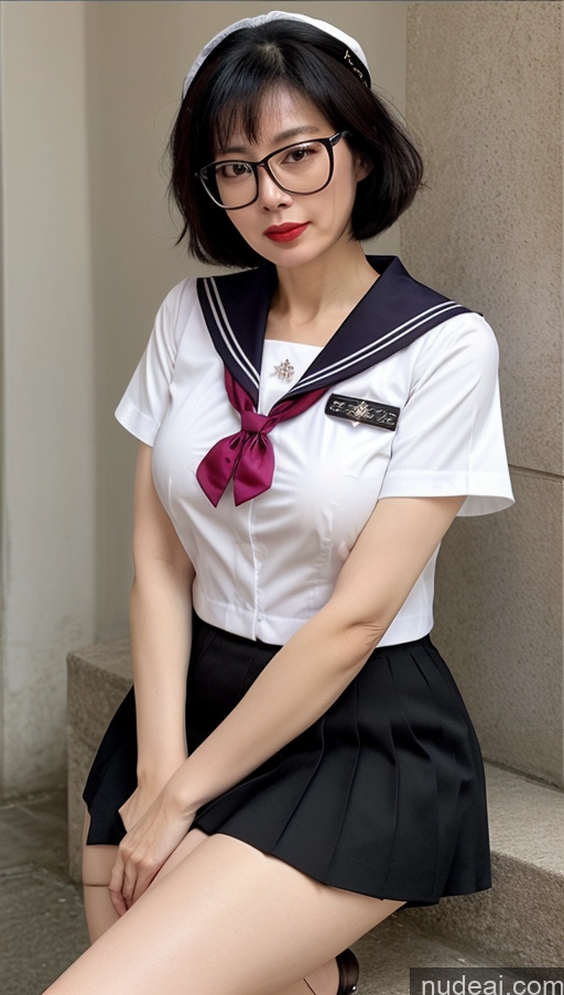 Milf One Busty Big Hips Pubic Hair Fairer Skin 60s Black Hair Asian Glasses Lipstick Denise Doll Likeness JK Uniform