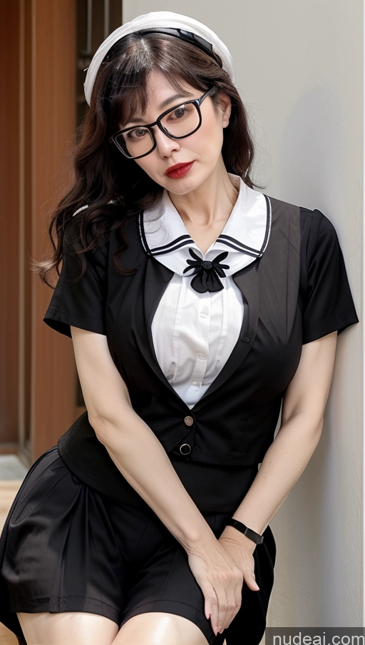 Milf One Busty Big Hips Pubic Hair Fairer Skin 60s Black Hair Asian Glasses Lipstick JK Uniform