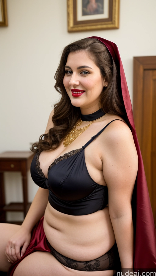 ai nude image of arafed woman in a black bra and red cape posing for a picture pics of Milf Busty Beautiful Lipstick Chubby Thick Fat Big Hips Fairer Skin 20s Happy Seductive Brunette Long Hair Russian Party Front View Straddling Nun Bra Sari Victorian Cleavage Gold Jewelry