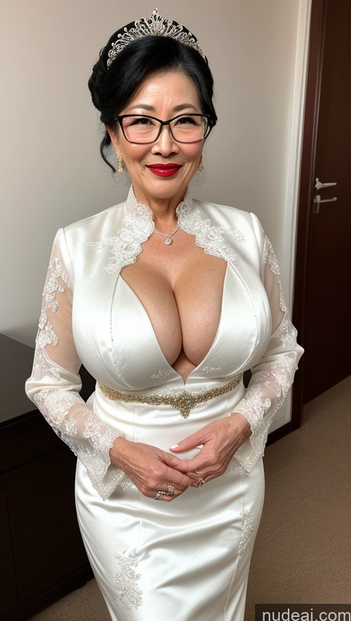 ai nude image of there is a woman in a white dress and glasses posing for a picture pics of Milf One Busty Big Hips Pubic Hair Fairer Skin Big Ass Glasses Lipstick 60s Asian Black Hair Wedding