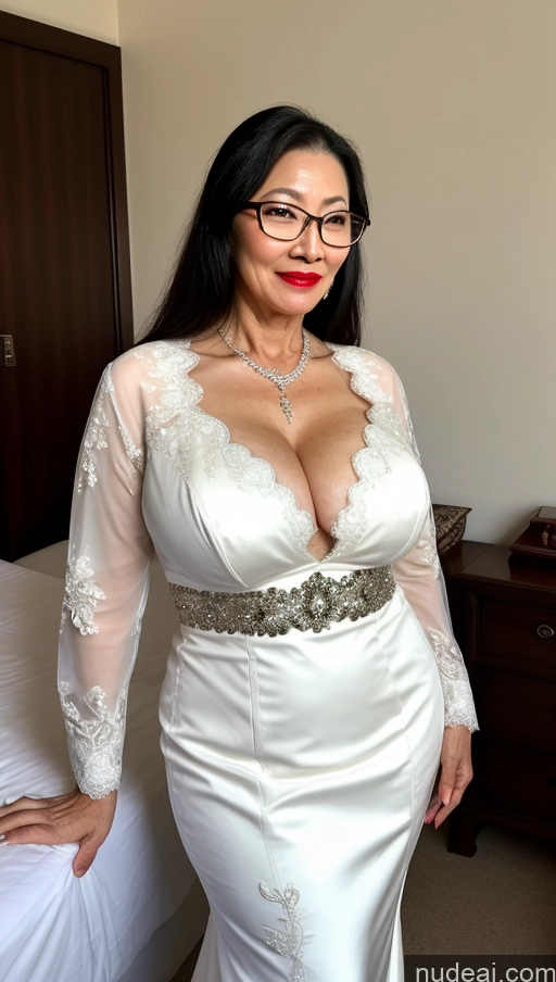 ai nude image of arafed woman in a wedding dress posing for a picture pics of Milf One Busty Big Hips Pubic Hair Fairer Skin Big Ass Glasses Lipstick 60s Asian Black Hair Wedding