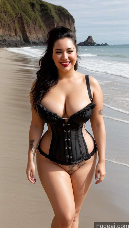 ai nude image of araffe woman in a black corset walking on a beach pics of Woman Small Tits Beautiful Lipstick Tattoos Big Ass Thick Chubby Fat Big Hips Long Legs Tall 20s Happy Sexy Face Black Hair Latina Beach Nude Detailed Messy Corset High Heels Front View Bending Over