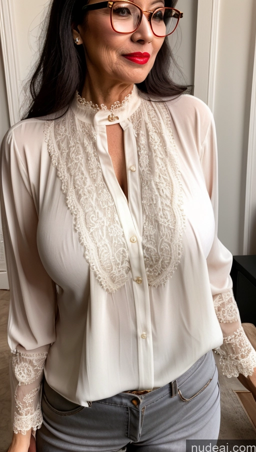 ai nude image of there is a woman wearing glasses and a white blouse pics of Milf One Busty Big Ass Big Hips Pubic Hair Fairer Skin Glasses Lipstick 60s Asian Black Hair Proper Attire EdgCT Wearing EdgCT Chic Top