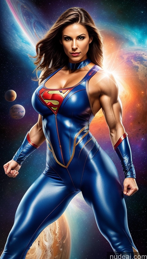 ai nude image of a woman in a blue suit standing in front of a planet pics of Space Suit Superheroine Powering Up Muscular Abs Perfect Boobs