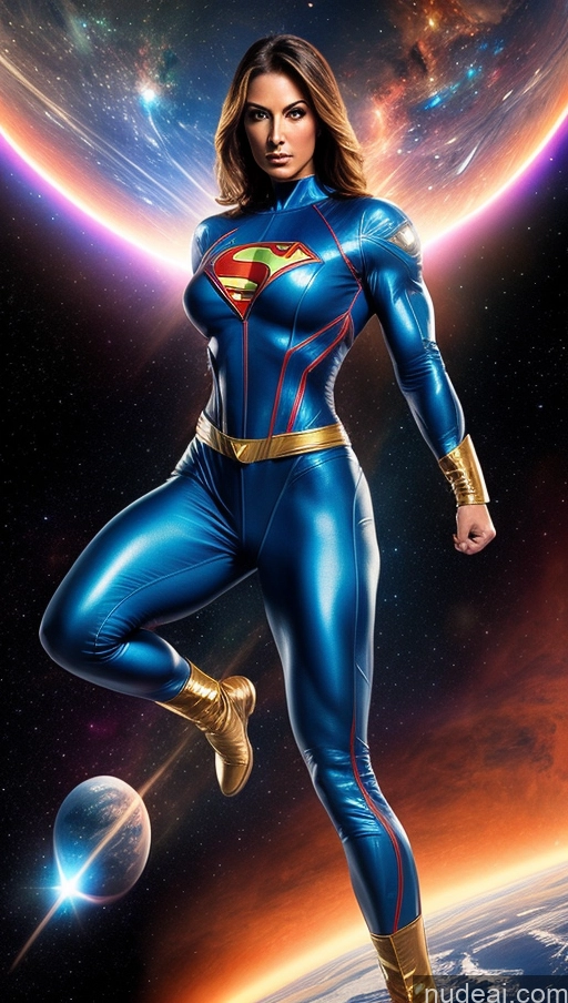 ai nude image of a woman in a blue suit standing in front of a planet pics of Space Suit Superheroine Powering Up Muscular Abs Perfect Boobs Space Heat Vision Dynamic View