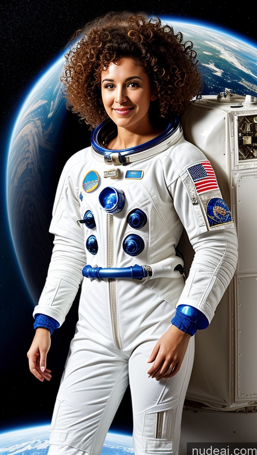 ai nude image of arafed woman in a white space suit standing in front of a space station pics of Space Suit Curly