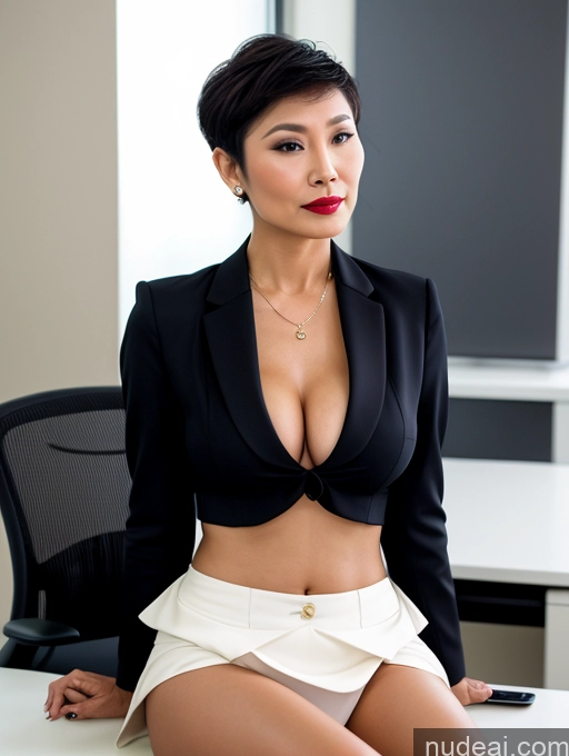 ai nude image of there is a woman sitting at a desk with a black jacket pics of Milf Perfect Boobs Lipstick Pixie Vietnamese Spreading Legs Casual Partially Nude Dark Lighting Several Office Blouse Mini Skirt Suit 60s