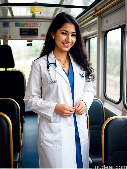 ai nude image of arafed woman in a white lab coat standing on a bus pics of Woman One Beautiful 18 Happy Black Hair Long Hair Indian Surrealist Bus Cooking Doctor Professor Traditional Gold Jewelry Diamond Jewelry Bright Lighting Dark Lighting