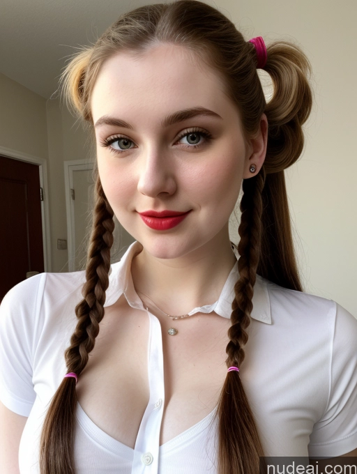 ai nude image of arafed woman with long hair in a white shirt and pink bow pics of Beautiful Fairer Skin Thick 18 Brunette Russian Close-up View Lipstick Shirt Perfect Boobs Busty Pigtails