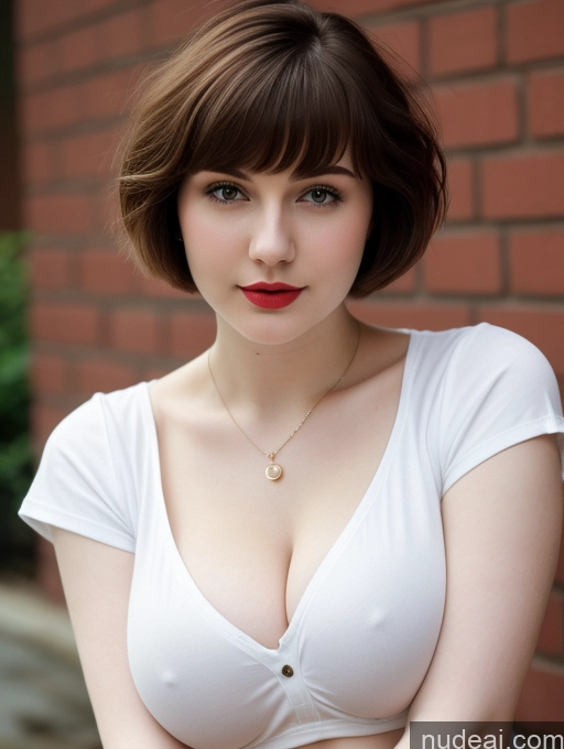 ai nude image of arafed woman with a white top and red lipstick posing for a picture pics of Beautiful Fairer Skin Thick 18 Brunette Russian Close-up View Lipstick Shirt Perfect Boobs Busty Short Hair